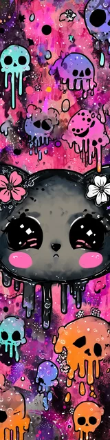 Free kawaii cats bookmark featuring a cat with dripping skulls on a pink background
